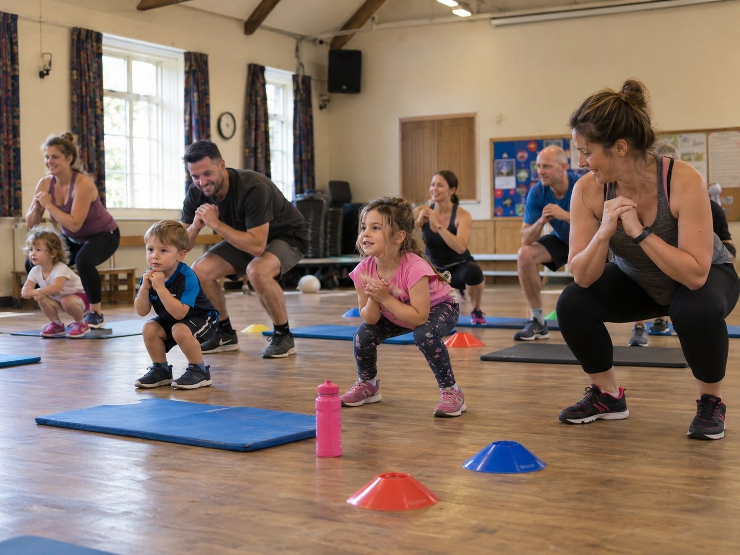 Group fitness class with adults and children exercising together on yoga mats in a studio with wooden floors and dome trainers