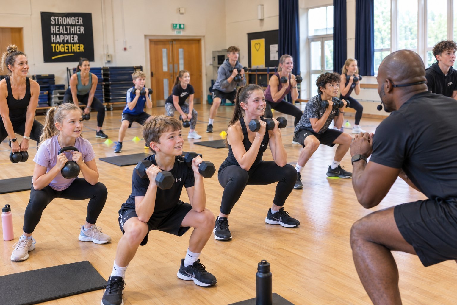 Group fitness class with instructor leading diverse participants in dumbbell exercises in a gym studio with wooden floors