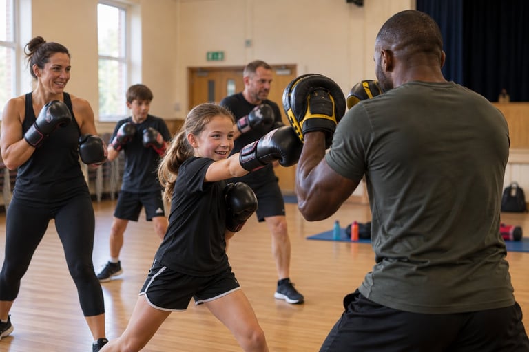 Group fitness class with participants doing boxing exercises with punching mitts and trainer in an indoor gym studio.