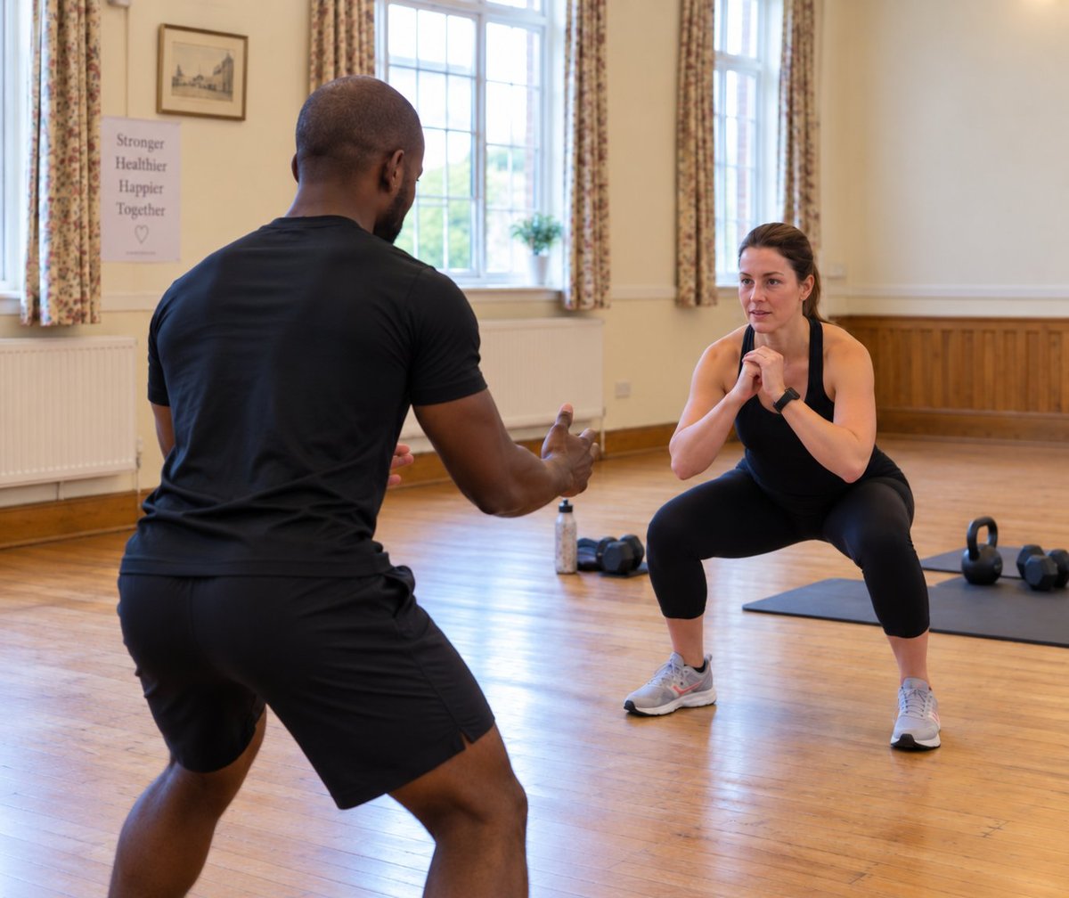 Two people performing squats in a bright fitness studio with wooden flooring, large windows, and dumbbells on a mat.